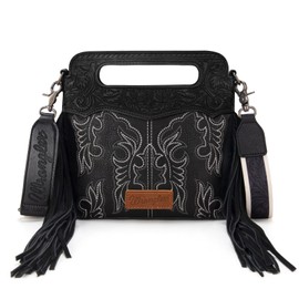 Wrangler Top Handle Bag for Women Embroidered Fringe Western Crossbody Purse Floral Tooled Handbag WG110-2022BK