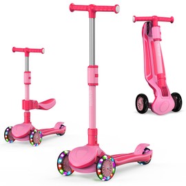 2-in-1 Kick Scooter for Kids Ages 3-12, 5 Adjustable Height Handlebar and Removable Foldable Seat, 3 LED Light Wheels Learn to Steer, Wide Standing Board Scooter Indoor Outdoor for Boy Girl, Pink