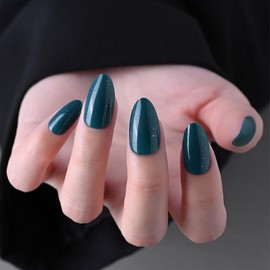 XZMeiLun Green Pearl Press On Nails Short Almond 30 Pcs, Designer Reusable Acrylic Fake Nails with Glue, Glitter Soft Gel Nails Wedding and Party, Stick On Glue On Nails, Nails for Women Gift