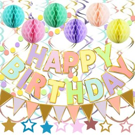 Buygain Pastel Birthday Decorations, Happy Birthday Banner with Honeycomb Balls, Stars Hanging Swirl Streamers, Buntings Circle Dots Garland, Party Decorations for Women Men Boys Girls (Multi-colored)