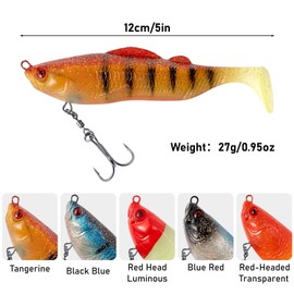 Dr.Fish Rubber Bait 12 cm/26 g Large Rubber Fish Soft Bait Jig Heads Rubber Bait Fish with Treble Hook Artificial Bait Paddle Tail for Trout Zander Perch Freshwater Saltwater Fishing