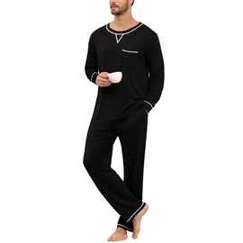 SWOMOG Mens Pajamas Set Modal Long Sleeve Sleepwear Crew Neck Pjs 2 Piece Loungewear Nightshirt Top & Pants with Pockets Black Medium