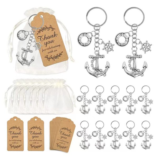 Aotoer 50Set Nautical Party Favors Anchor Keychain Party Favor Wedding Favors for Guests, Creative Souvenir Gift with Rudder Lifebuoy Drawstring Organza Bags, Tags for Nautical Wedding Party Favors