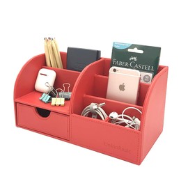 UnionBasic Multifunctional PU Leather Office Desk Organizer Business Card/Pen/Pencil/Mobile Phone/Stationery Holder Storage Box (Red)