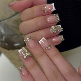 TESGADGETS 24 Pieces Golden Rhinestones Press On Short Square French Tip False Nails 3D Diamond with Golden Bow Full Cover for Women and Girls