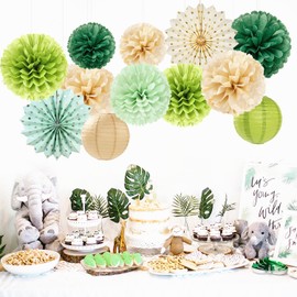Sage-Green Boho Party-Decorations Paper-Flowers Lanterns - 20PCS Rustic Tissue Pom Poms Streamers Fans Honeycomb, Birthday Baby Shower Neutral Garden Neutral Wedding Hanging Supplies Decor Burgleda