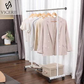 VICERII Clothes Rack, 130LB Capacity Heavy Duty Clothing Rack with Wheels and Bottom Shelf, 52.17 Inch Rolling Racks for Hanging Clothes, Coats, Shirts, Sweaters, Skirts, Dress, White