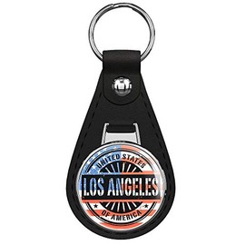 Los Angeles City USA Flag Grunge Stamp Keychain Black Premium Leather Key Chain with Key Ring