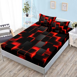 HOSIMA Honeycomb Twin Bedding Sets for Boys,Red Black Geometric Pattern Fitted Sheet for Kids Teens Girls Room Decor,Lightweight Red Neon Lights Bedding Twin Size,1 Fitted Sheet+2 Pillowcases.