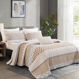 SahSahCasa Quilt King Size, King Quilt Set, 100% Cotton Floral Quilt, King Quilt Bedding Set Bedspreads, Patchwork Reversible Lightweight Comforter Bed Spread for All Season, Brown/Gray, 3 Pieces