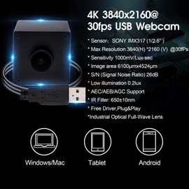 Hotpet 3840x2160 4K Video Surveillance USB Camera 4K Webcam with Sony IMX317 Sensor Webcamera for Industrial, 30fps USB Webcam Built in Microphone Mini Camera with Mini Case Support Most OS Web Cams