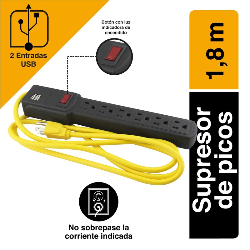 SANELEC, Barra Multicontacto con Supresor de Picos, 6 Entradas, Protección