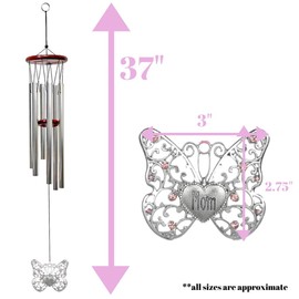 BANBERRY DESIGNS Mom Butterfly Wind Chimes - Wood Windchime with Silver Filigree Mom Butterfly Pink Rhinestones in The Wings - Approx. 37 Inches Long - Indoor Outdoor Chimes Butterflies Mother