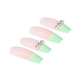 Brishow False Nails Long Crystal False Nails Press on Nails Ballerina Acrylic Pack of 24 for Women and Girls, Pink & Green