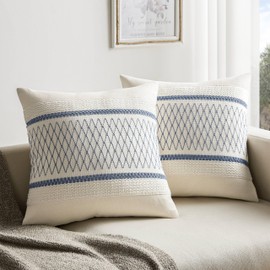 ZeeMart 2 Packs Cotton Boho Throw Pillow Covers 18x18 Inch Grid Blue, Soft Farmhouse Decorative Couch Pillow Cases Blue Cushion Covers for Sofa Bed Living Room Home Decor