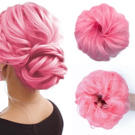 QTHQTFL Space Bun Hair Piece, Pink Messy Bun Hair Pieces for Women Girls Synthetic Wavy Curly Hair Bun Scrunchies Ponytail Extensions (Pink)