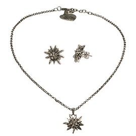 Alpenflüstern Costume Jewellery Set Costume Necklace and Stud Earrings Rhinestone Edelweiss Small – Women's Costume Jewellery Set Dirndl Necklace and Costume Earrings Antique Silver Colours SET031,