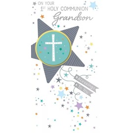 First Holy Communion Card for Grandson, Religious Greeting Card with Cross Design, 12 x 22 cm