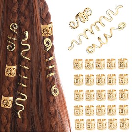 Pack of 28 dreadlocks jewellery, adjustable metal cuffs, hair spiral clips, dreadlocks beads, braiding hair jewellery, suitable for men and women (gold)