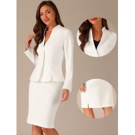 Allegra K 2pc Business Sets for Women's Mothers Day Costumes Collarless Blazer and Formal Pencil Skirt Suit White M