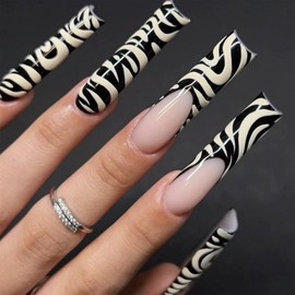 SINHOT Long Press on Nails Square Fake Nails Black Swirl Acrylic Nails Glossy Glue on Nails White Squoval Artificial Nails Stick on False Nails with Design 24 pcs
