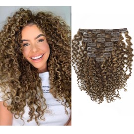 Lacer 3B 3C Curly Clip in Hair Extensions Highlight Strawberry Blonde Double Weft Soft Real Remy Hair Clip ins 18Inch Jerry Curly Human Hair Extensions for Black Women #P4/27