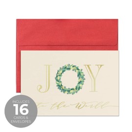 Canopy Street Masterpiece Joy To The World Gold Foil Christmas Card Set / 16 Boxed Holiday Wreath Note Cards With Coordinating Red Envelopes / 4" x 6" Folded Winter Greeting Cards With Inside Verse