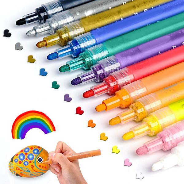 Anyuke Acrylic Pens for Painting on Stone, Wood, Easter Eggs, Cups, Canvas, Porcelain, Ceramic, Glass, Paper - 12 Acrylic Colours, Waterproof Pens for Wedding Guest Book, Wood, DIY Photo Album, Scrapbooking etc.
