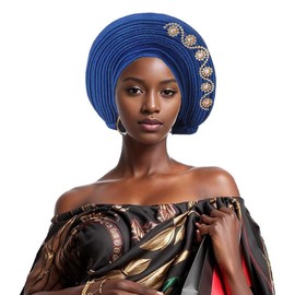 Generic Elegant African Auto Gele Women's Turban Cap Nigeria Wedding Aso Oke Gele Ready to Wear Sego Headtie with Diamonds Party Headwear (One Size,Royal Blue)