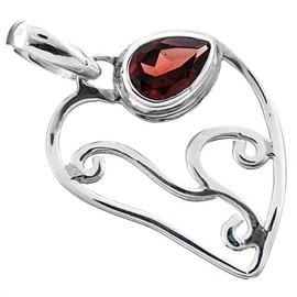 Pear Red Garnet Wire Frame Heart Design 925 Sterling Silver Pendant, 1 1/2"