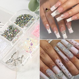 6Grids Glitter Butterfly Nail Charms 3D Butterflies Nail Art Rhinestones with Silver Pearls Caviar Beads Shiny Butterfly Manicure Jewelry Accessories Acrylic Nails Charms Nail Art Decorations Supplies