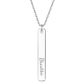 Hope Necklace - 925 Sterling Silver Bar Pendant Necklace Engraved 'Breathe", Inspirational Charm Christmas Day Jewelry Birthday for Women