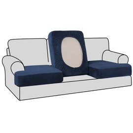 H.VERSAILTEX Stretch Velvet 3 Piece T Cushion Sofa Slipcovers Individually Sofa Cushion Covers for 3 Cushion Couch Seat Cushion Covers for Sofa Seat Cushion Covers Stay in Place(Sofa, Navy)