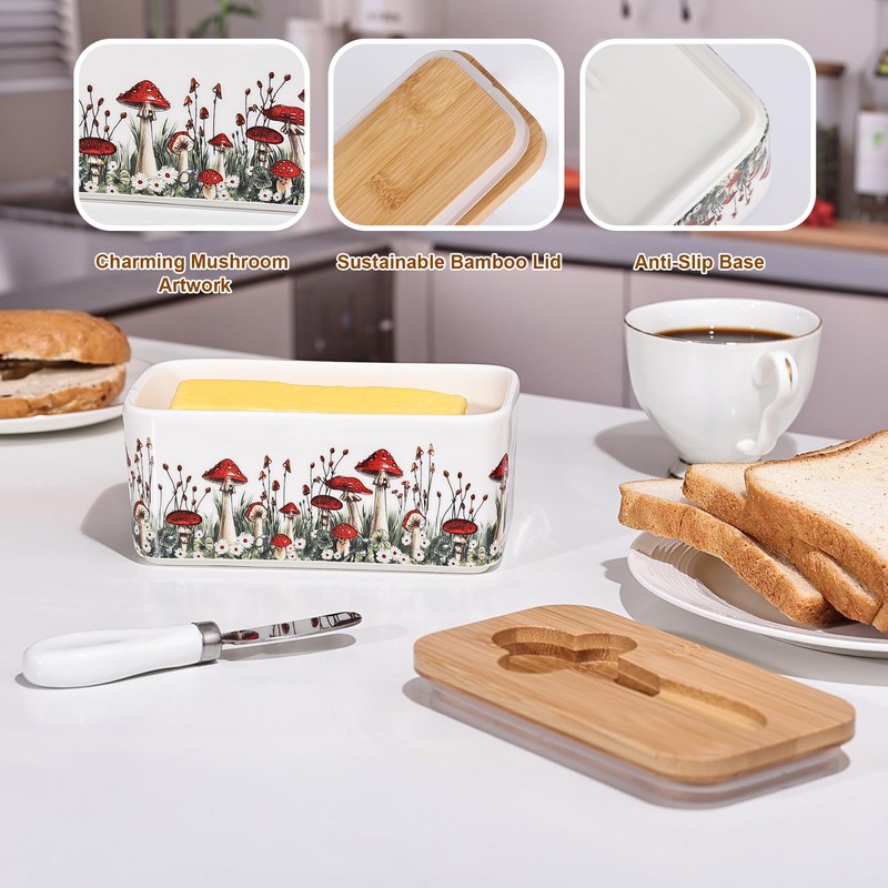 Fungi Fun Ceramic Mushroom Butter Dish with Lid and Knife,