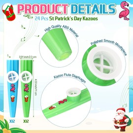 Lukmaa 24 Pcs Summer Christmas Kazoos Luau Party Favors Blue Green Kazoo Bulk with Flamingo Claus Stickers Plastic Musical Instruments Toys for Summer Christmas Pool Party Supplies