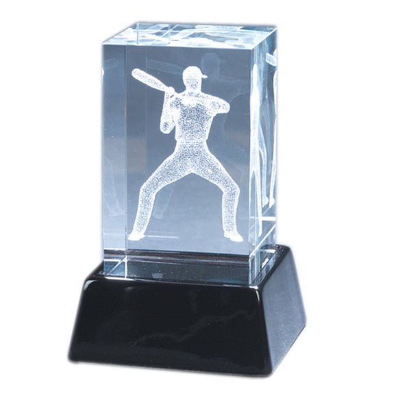 Natico Crystal Paperweight Block with Baseball Player and Wood Stand (60-CR-230)