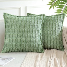 Artscope Sage Green Cushion Covers Set of 2 Corduroy Decorative Square Striped Pillowcase with Stitched Edge Pillow Covers 60x60cm for Home Decor Sofa Bedroom Car