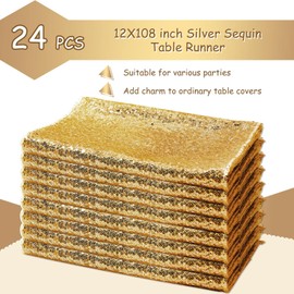 Mixweer 24 Pcs 12 x 108 Inch Gold Sequin Table Runners Bulk Glitter Sequin Table Runners for Party Rectangle Table Decorations for Birthday Wedding Engagement Holiday Celebration (Gold)