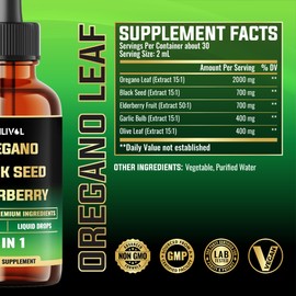 MILIVOL MILIVOL 5in1 Oregano Oil Liquid Drops with Black Seed, Elderberry, Garlic, Olive Leaf - Immune Support Supplement - 2 Fl Oz