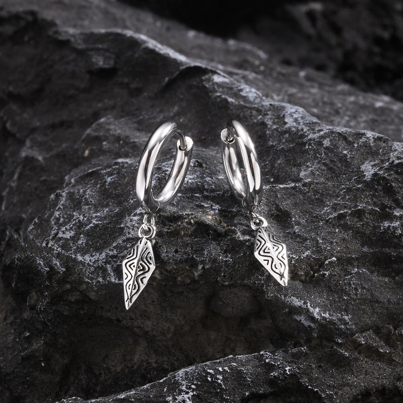 Rockyu Men's Stainless Steel Hoop Earrings for One Ear, Rhombus