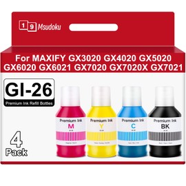 Msudoku Pigment GI-26 Ink Refill Bottles GI26 Replacement for Canon GI 26 Ink Refill Use with Canon MAXIFY GX3020 GX4020 GX5020 GX6020 GX6021 GX7020 GX7020X GX7021 Printers (Black,Cyan,Magenta,Yellow)