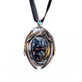 Look To The East - Dragon Cameo Oval Cabochon Style Pendant Necklace in Dragon Setting with Diamond Shaped Stone at Top, Ribboned - Artwork by Anne Stokes