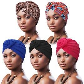 DRESHOW 5 Pack Women Turban African Pattern Knot Headwrap Beanie Pre-Tied Bonnet Chemo Cap Hair Loss Hat