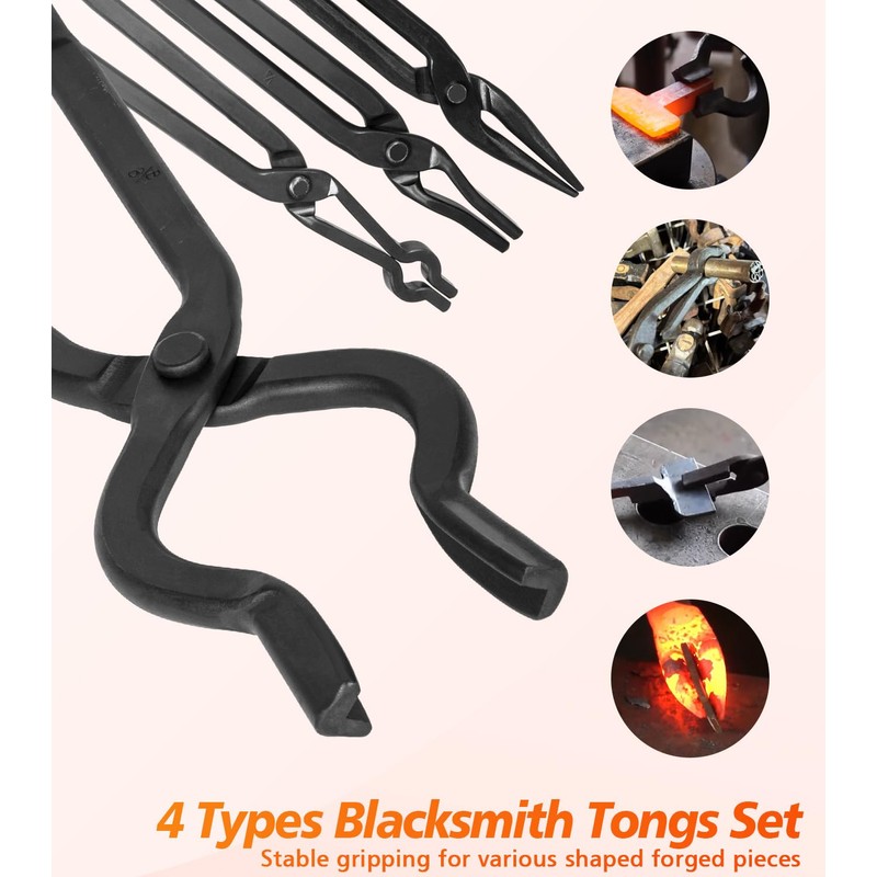 Yoursme Beginner Blacksmith Tongs Set: 1/4 Flat Jaw, Pick Up,