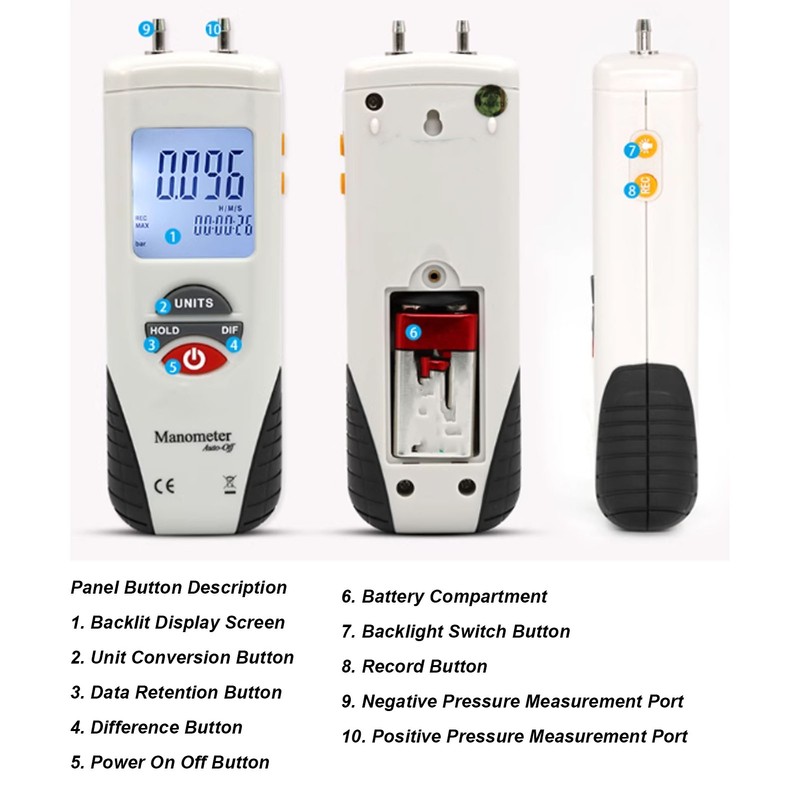 Digital Manometer Backlit Display Differential Dual Port Air and Gas