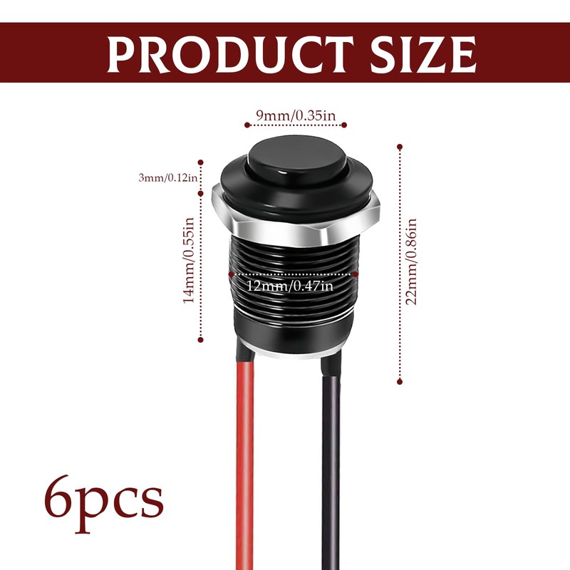 6Pcs 12MM Black Metal Push Button Switch - Self-Locking &