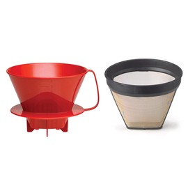 Fino Pour-Over Reusable Coffee Brewing Cone with Gold-Toned Mesh Permanent Coffee Filter, Number 4-Size, Red
