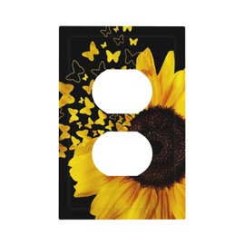 Vintage Country Black Yellow Sunflower Women Gold Butterfly Flower Floral 1 Gang Duplex Receptacle Wall Plate Jumbo Electrical Outlet Decorative Decorator Light Switch Faceplate Plug Socket Cover