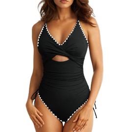 Aleumdr Women's High Cut One Piece Swimsuit Tummy Control Bathing Suit V Neck Cross Back Swimwear Shell Edge Black X-Large