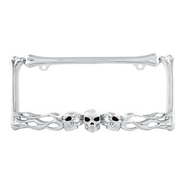 CLA Flaming Skull Metal License Plate Frame - Chrome